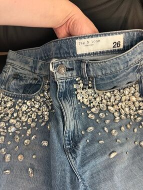 rag & bone High-Rise Blue Denim Jeans with Crystal Embellishment
